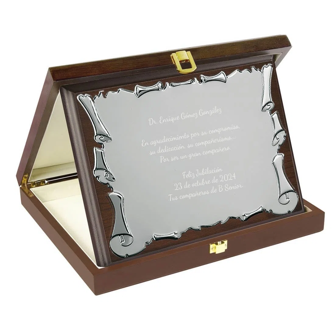 CALLE DEL REGALO - Placa Conmemorativa Personalizada en Estuche de Madera de Nogal | Placa de Homenaje Grabada para Jubilación, Reconocimiento | Placa de Metal Plateado sobre Madera | 25 x 20 cm