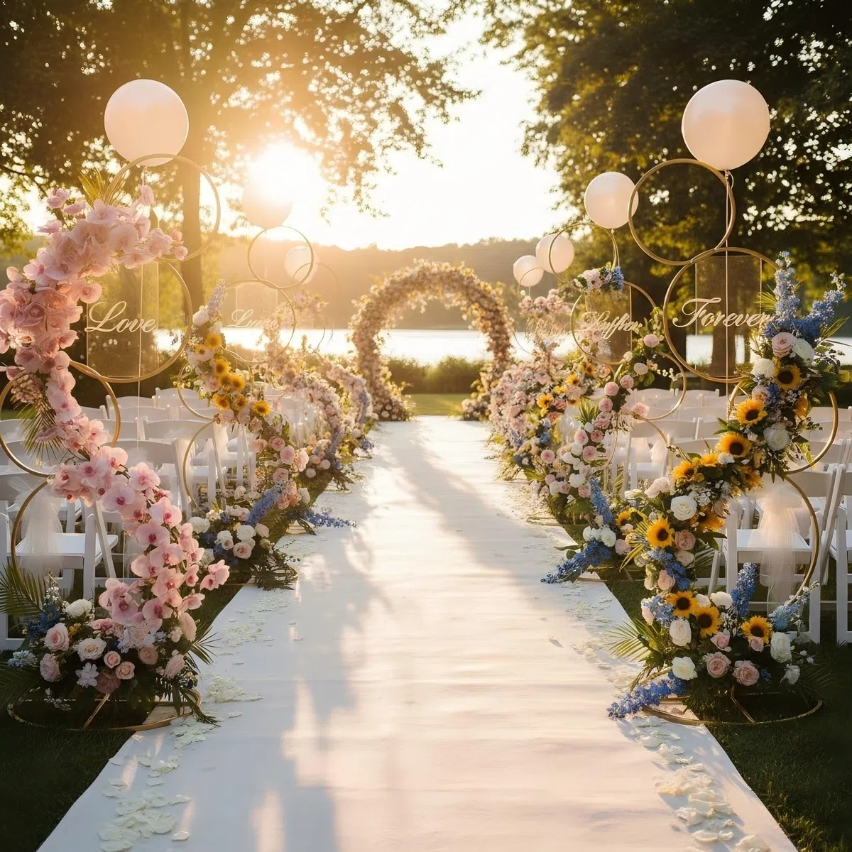 Soporte de arco de boda redondo dorado de 5 pies, marco de arco de flores de metal de 4 niveles para fondo de cabina de globos de fotos, 2 soportes de flores para centro de mesa de boda