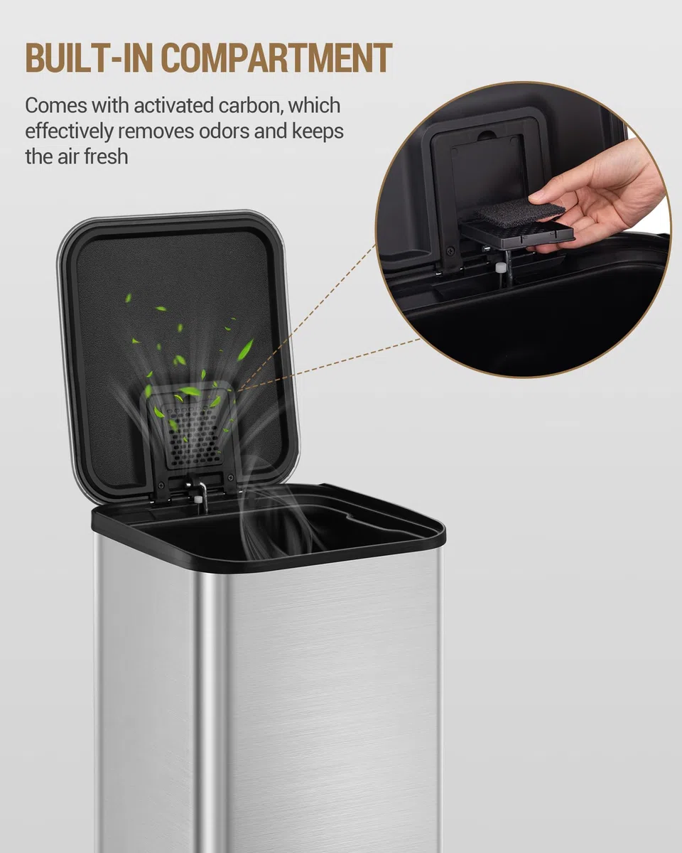 Hzuaneri Cubo de Basura Cocina 40L con Pedal, Contenedor de Residuos de Metal con Tapa de Cierre Suave y Cubo Interior Extraíble, Incluye 15 Bolsas de Basura, Plateado SW14099E