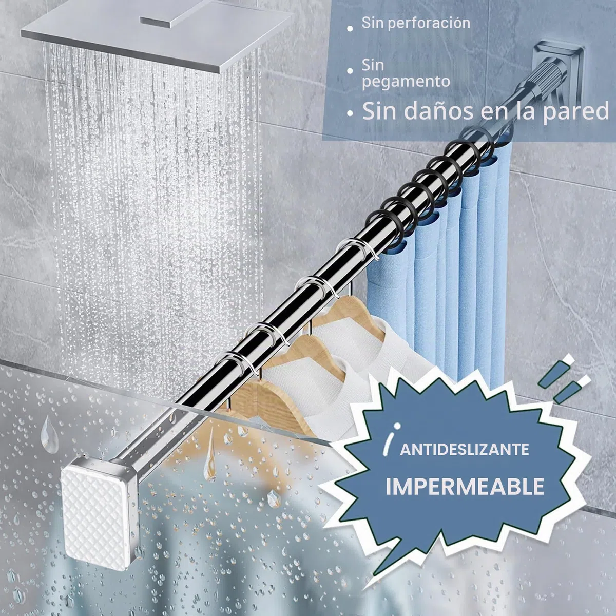 Barras de cortina, sin taladrar, 410-500 cm, 360-450 cm, 310-400 cm, sin taladrar, antideslizante, barra de cortina, barra de sujeción, barra telescópica, para baño, armario, ventana, diseño de