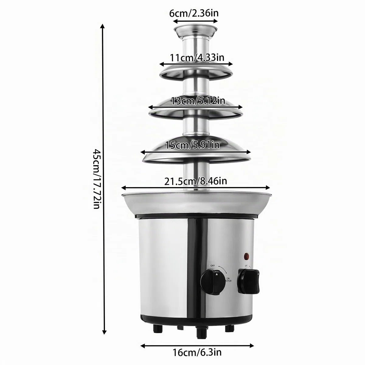 Fuente de chocolate de 170 W, 4 niveles, 1,8 L, acero inoxidable, con función de fusión para caramelos de chocolate, salsa rancho, salsa de queso (plata)