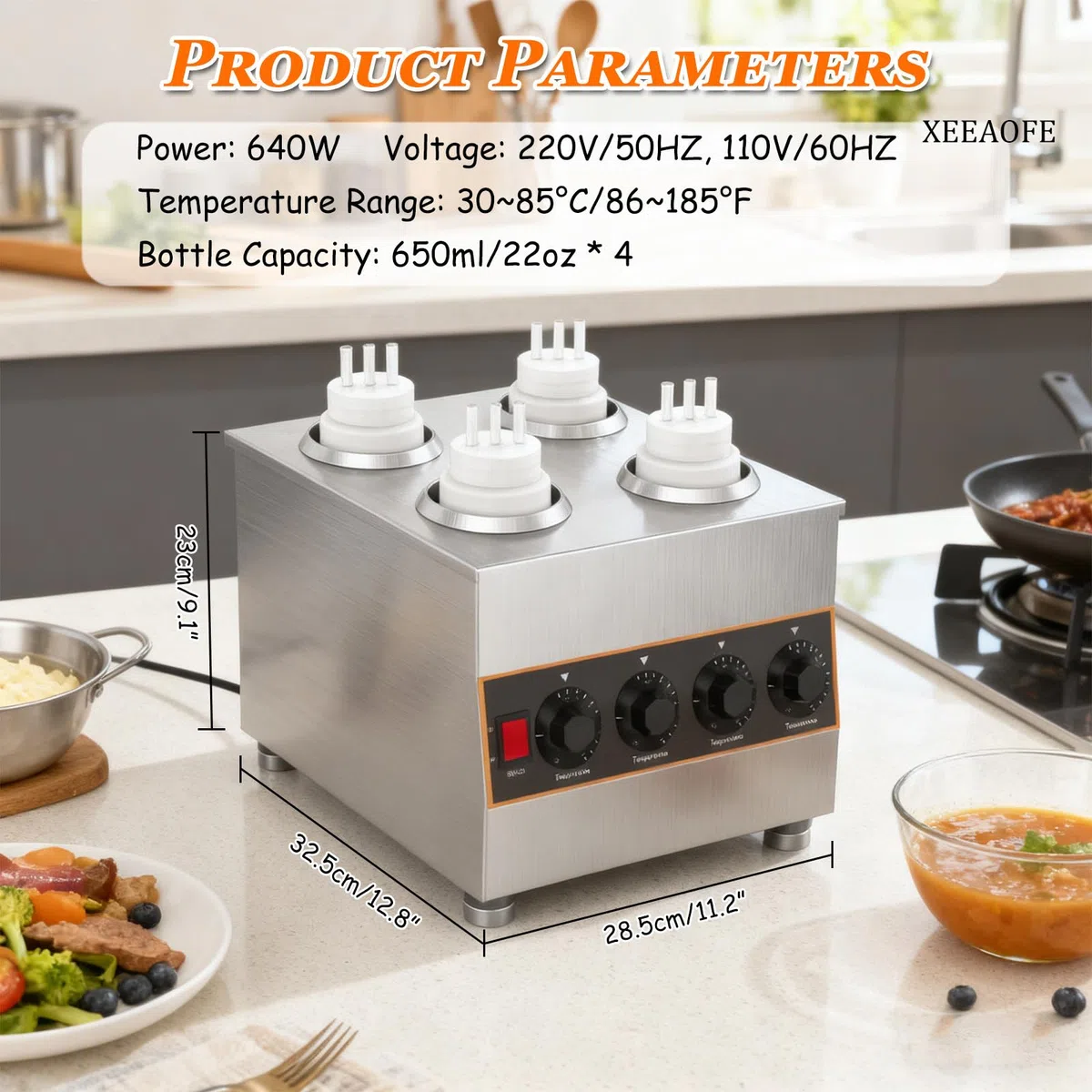 Dispensador eléctrico comercial para calentar salsas, acero inoxidable de 640 W, para encimera, queso nacho y calentador de dulce caliente con 4 botellas exprimibles de 650 ml