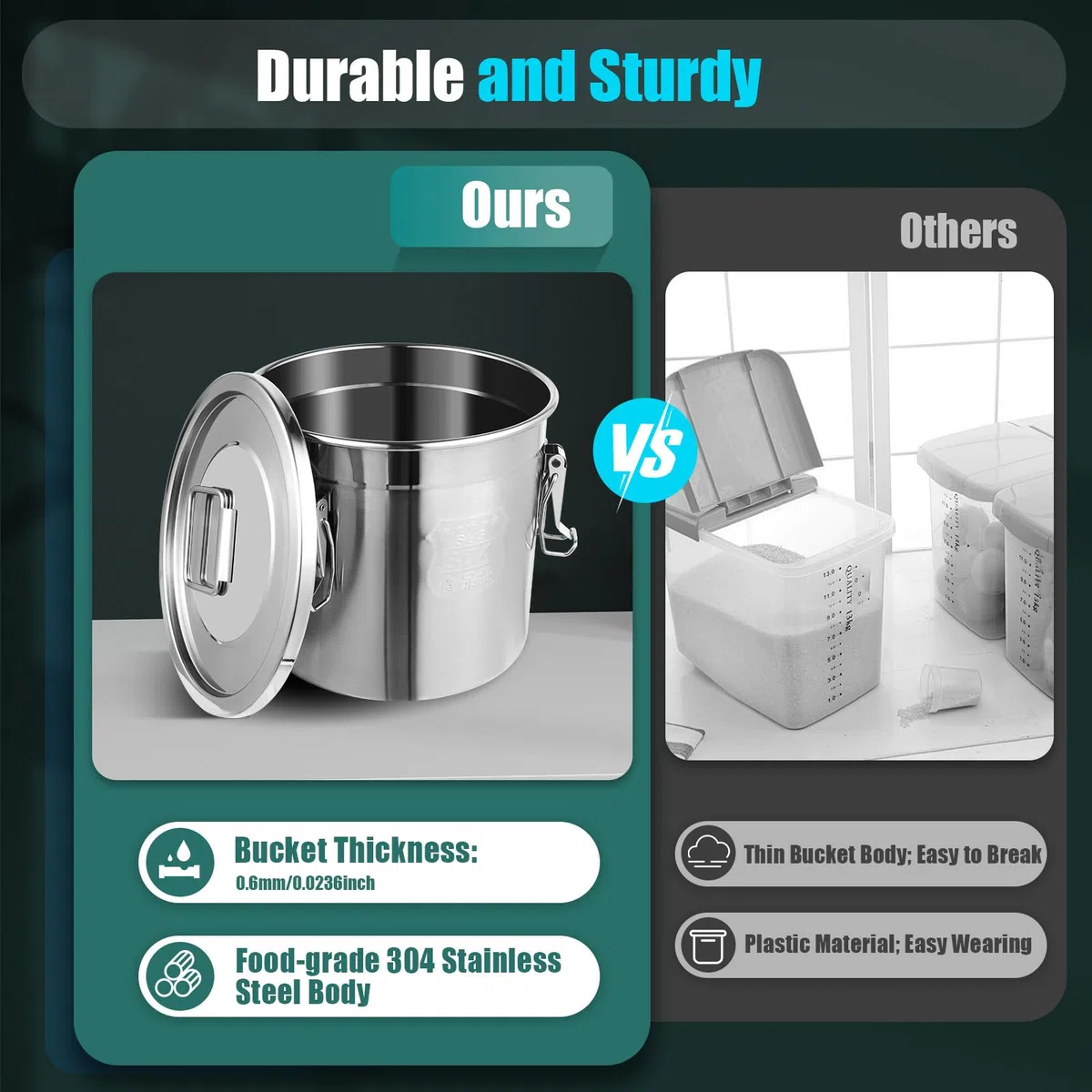 Cubo de 12 L con tapa, bidón hermético de acero inoxidable, contenedor de almacenamiento para alimentos, para la cocina y el hogar, moderno, con tapa y abrazadera de bloqueo, cubo de harina