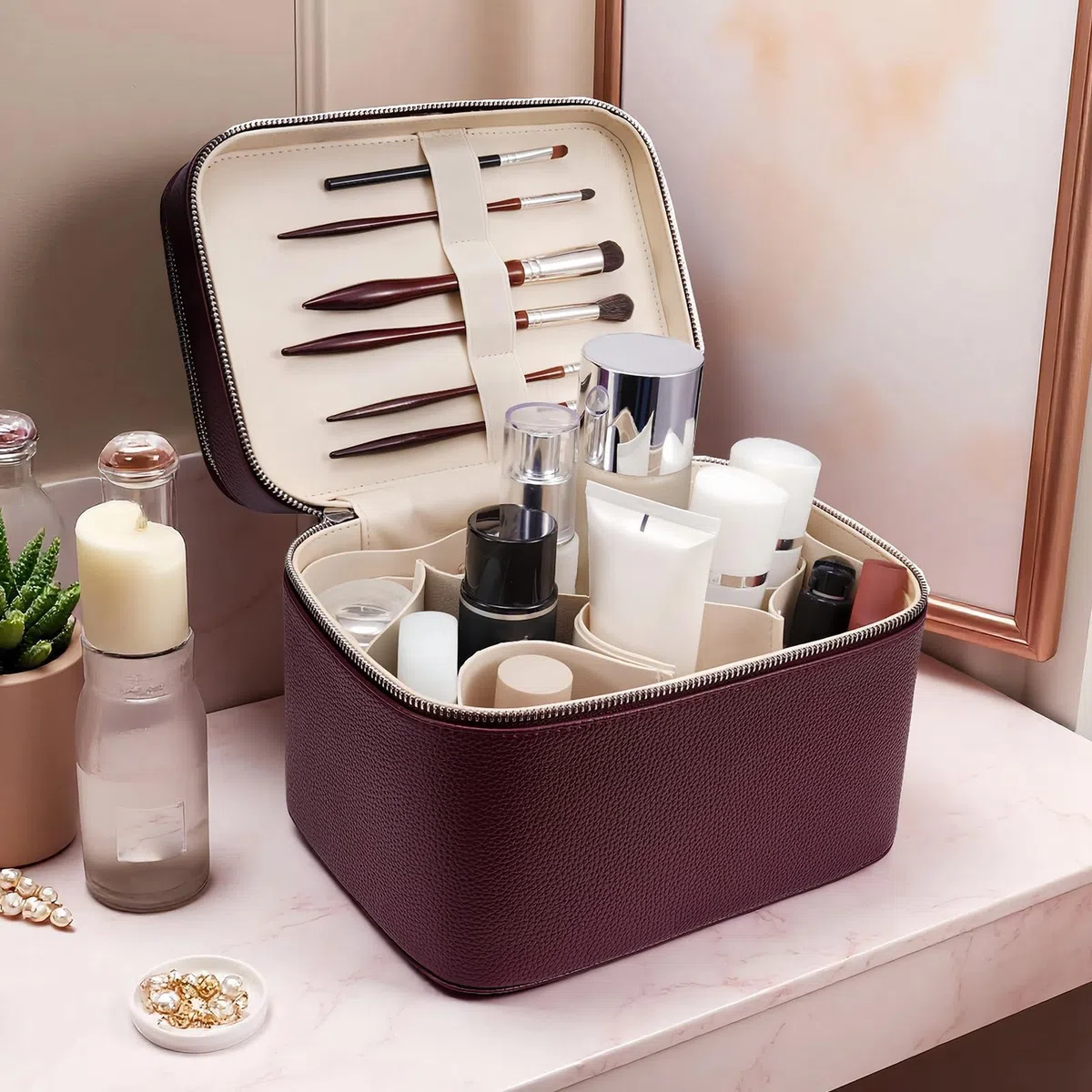 Soporte para cosméticos de viaje de PU, moderno, con áreas separadas para cepillos y artículos diarios, caja de maquillaje de carcasa