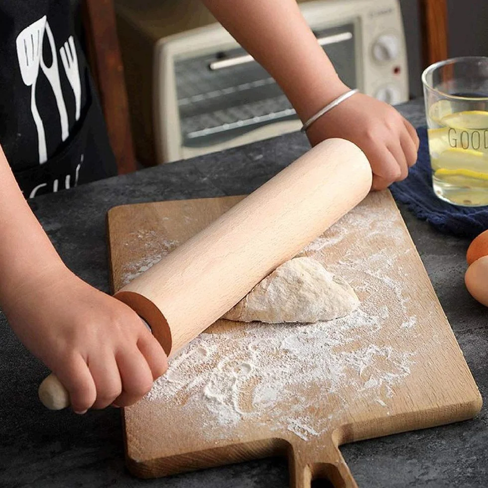 Rodillo de madera maciza para hornear, rodillo de masa sin pintar para pastelería, pan y albóndigas, herramienta esencial de cocina, 40,6 cm de largo