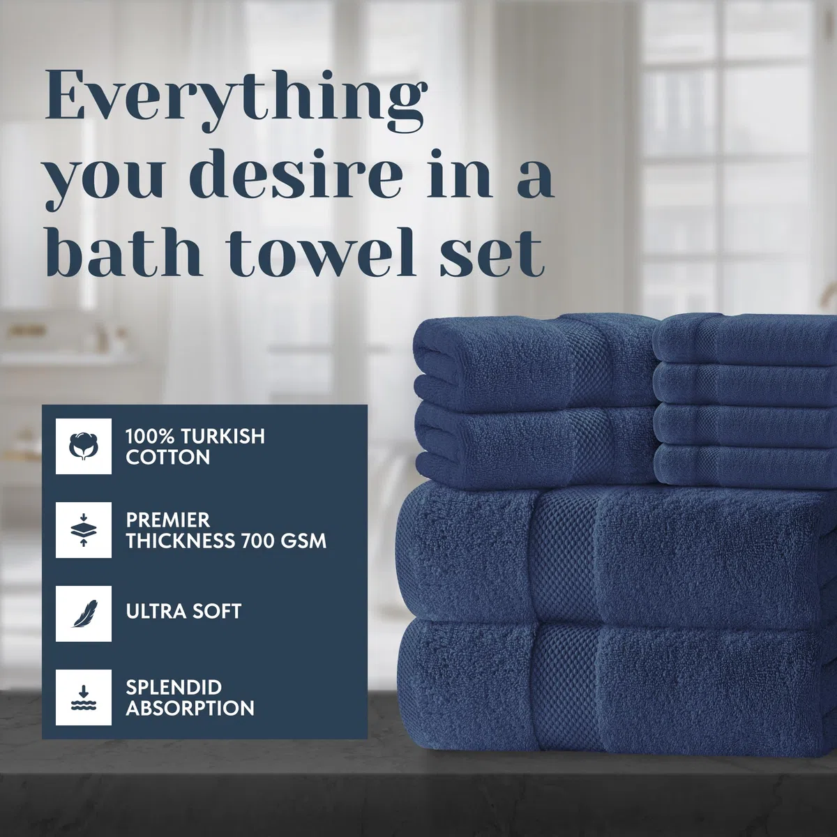 Juego de toallas de baño de lujo de 8 unidades, toallas de hotel de algodón peinado de 700 g/m², 2 para baños, 2 de manos, 4 paños (azul marino, 8 unidades)