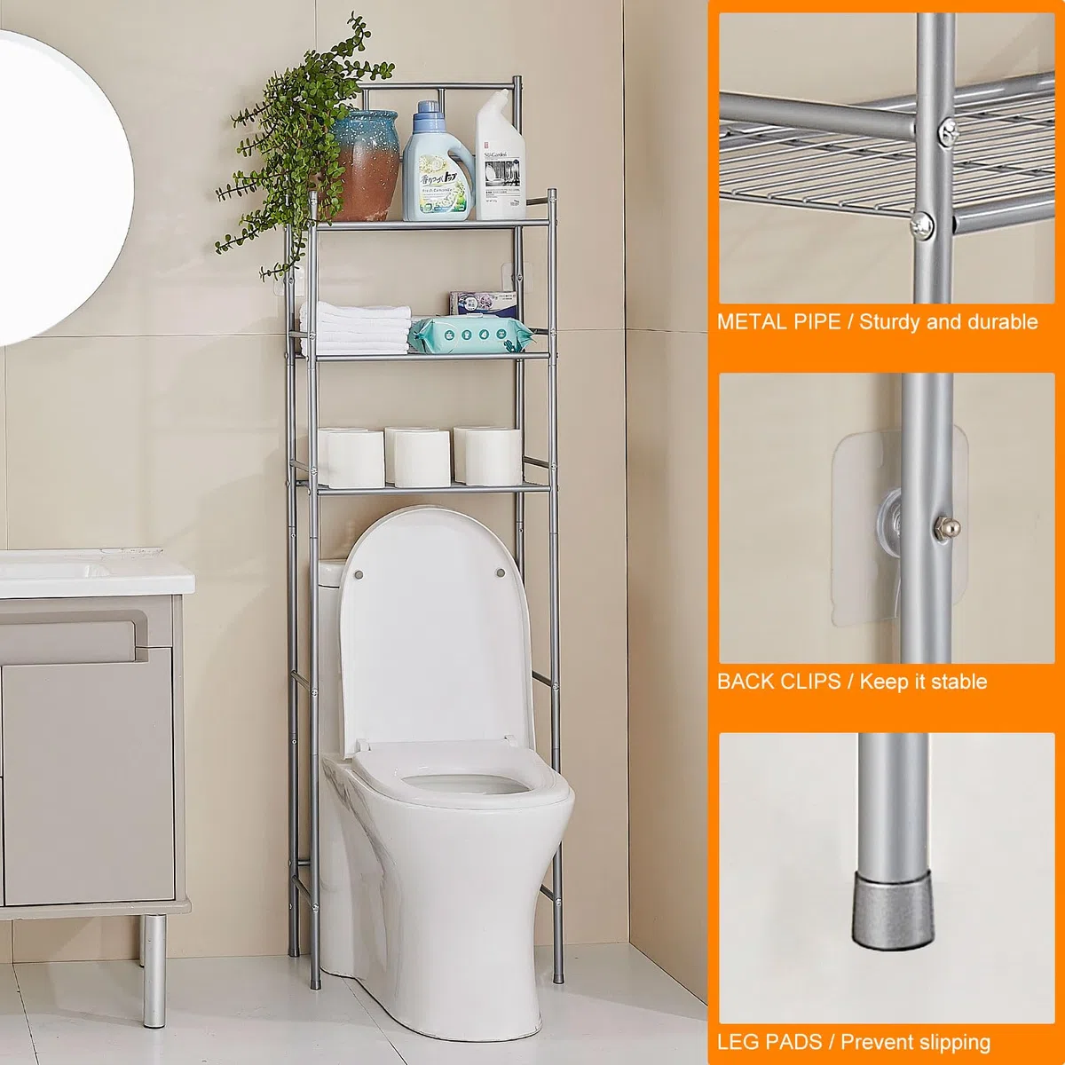 Estanteria Baño Encima WC, Mueble Sobre Inodoro de 3 Niveles, Estanteria Sobre Inodoro Independiente de Metal, Organizador de Baño Ahorra Espacio, Fácil de Montar para Baño, Lavandería, Gris