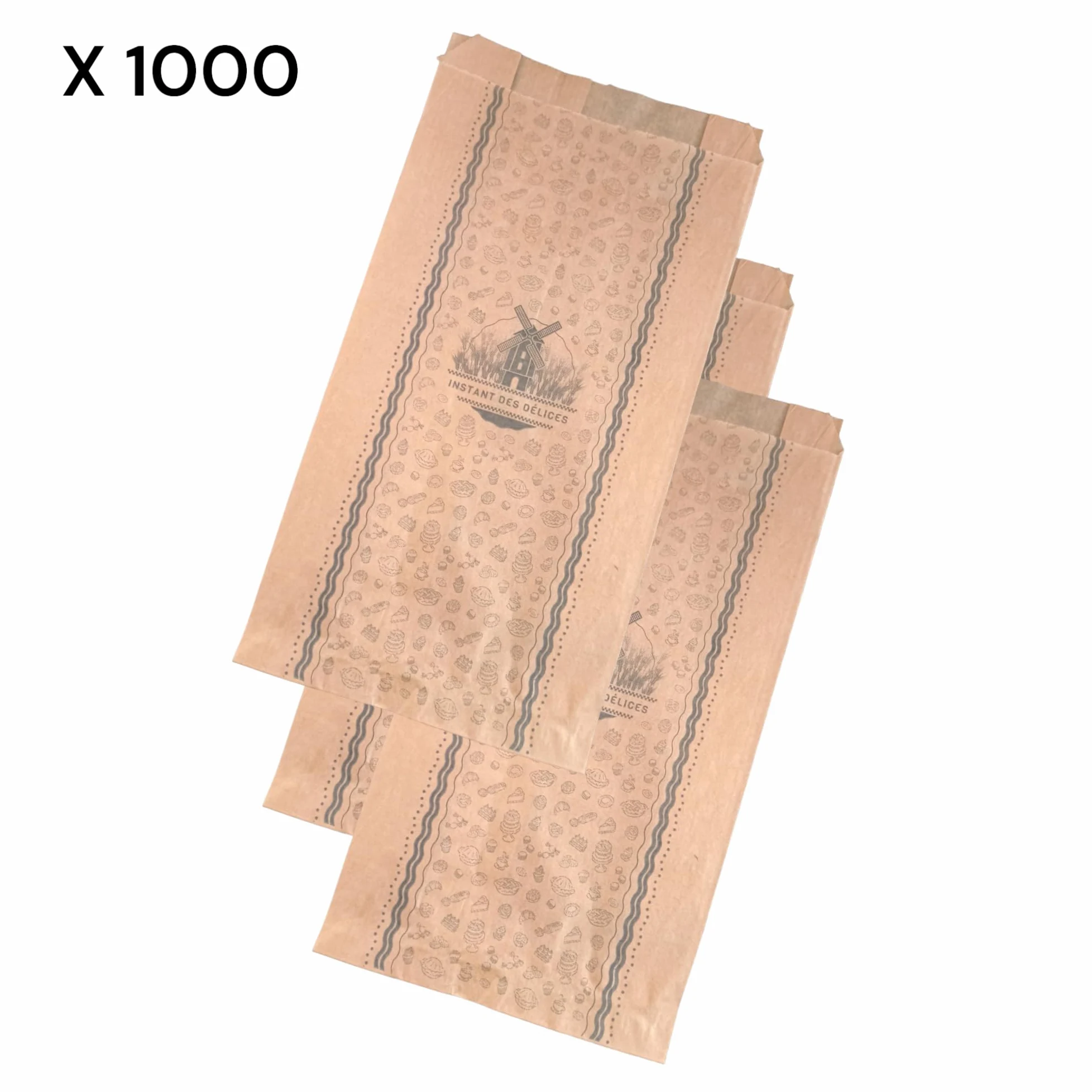 1000 Bolsas de bollería 20+5x31 cm de papel kraft marrón de grado alimenticio sin grasa impresas en negro