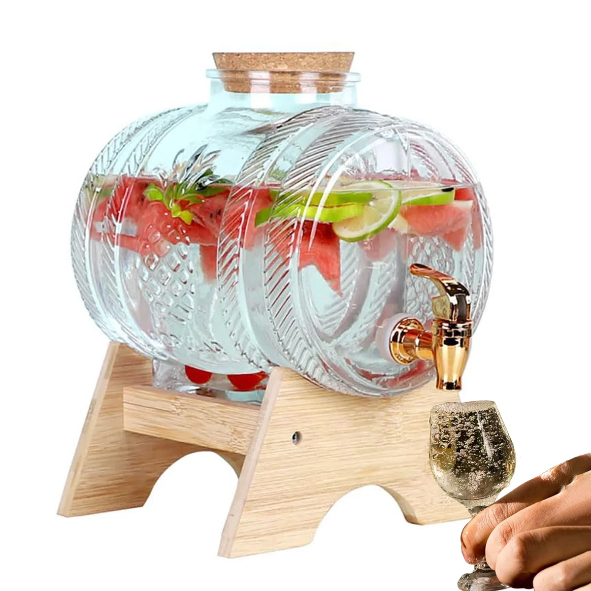 Dispensador de bebidas de 5 litros con grifo, tarro de bebidas 100% a prueba de fugas, soporte de madera, ideal para oficina, camping, fiestas, eventos al aire libre