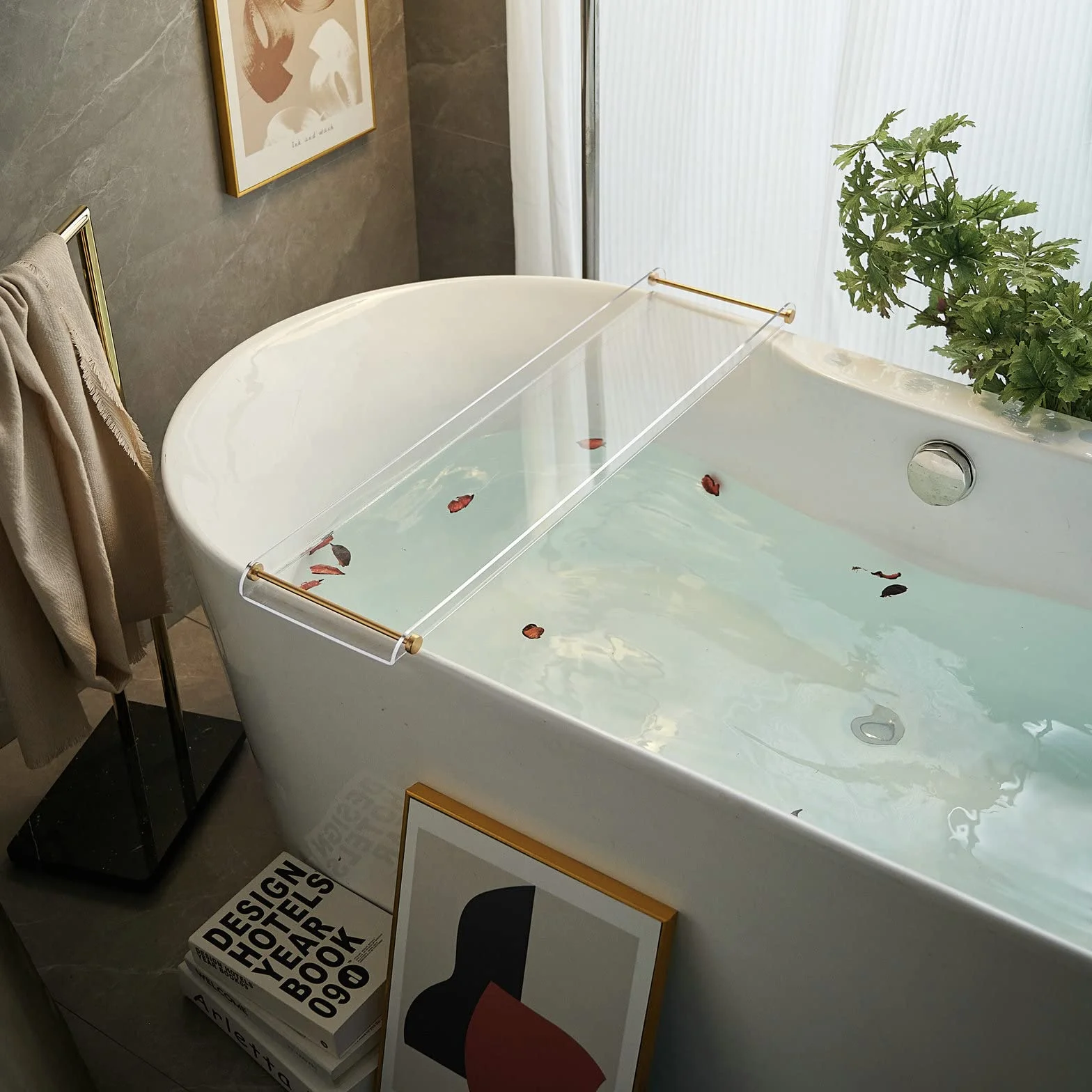 SHUNLI - Bandeja de acrílico para bañera, Estante Transparente para bañera con Mango Dorado, Organizador de baño de Lujo para Tablet