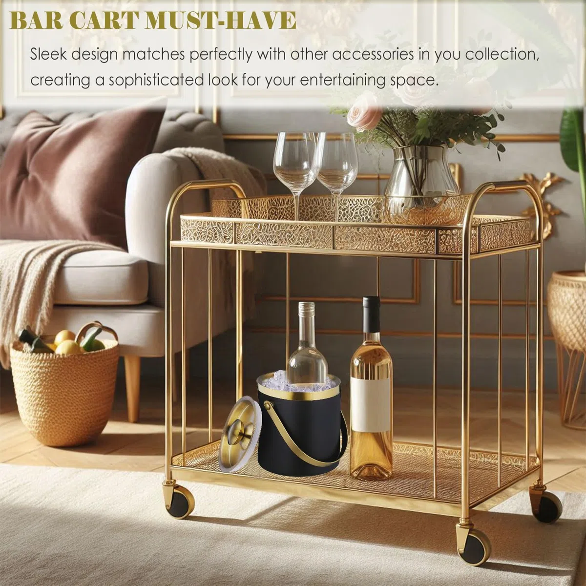 Cubo de hielo aislado con tapa, asa y pinzas, cubo de champán de acero inoxidable negro dorado para fiestas, 3 L, accesorios para mantener las bebidas frías