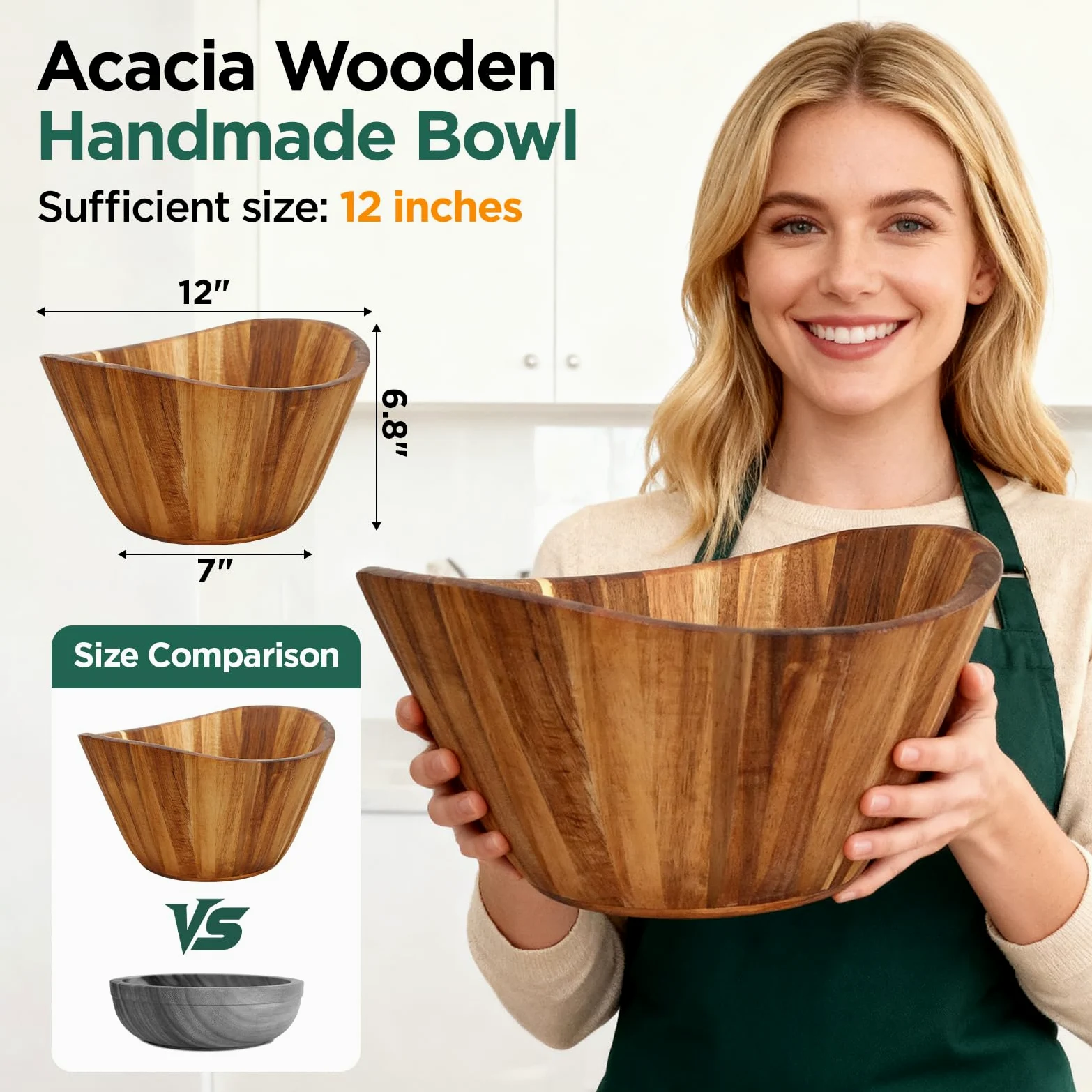 AIUHI Cuenco de madera de acacia de 12 pulgadas, regalo de Navidad, impresionante grano, perfecto para reuniones de Navidad, Acción de Gracias, decorativo para cocina, ideal para ensaladas, aperitivos