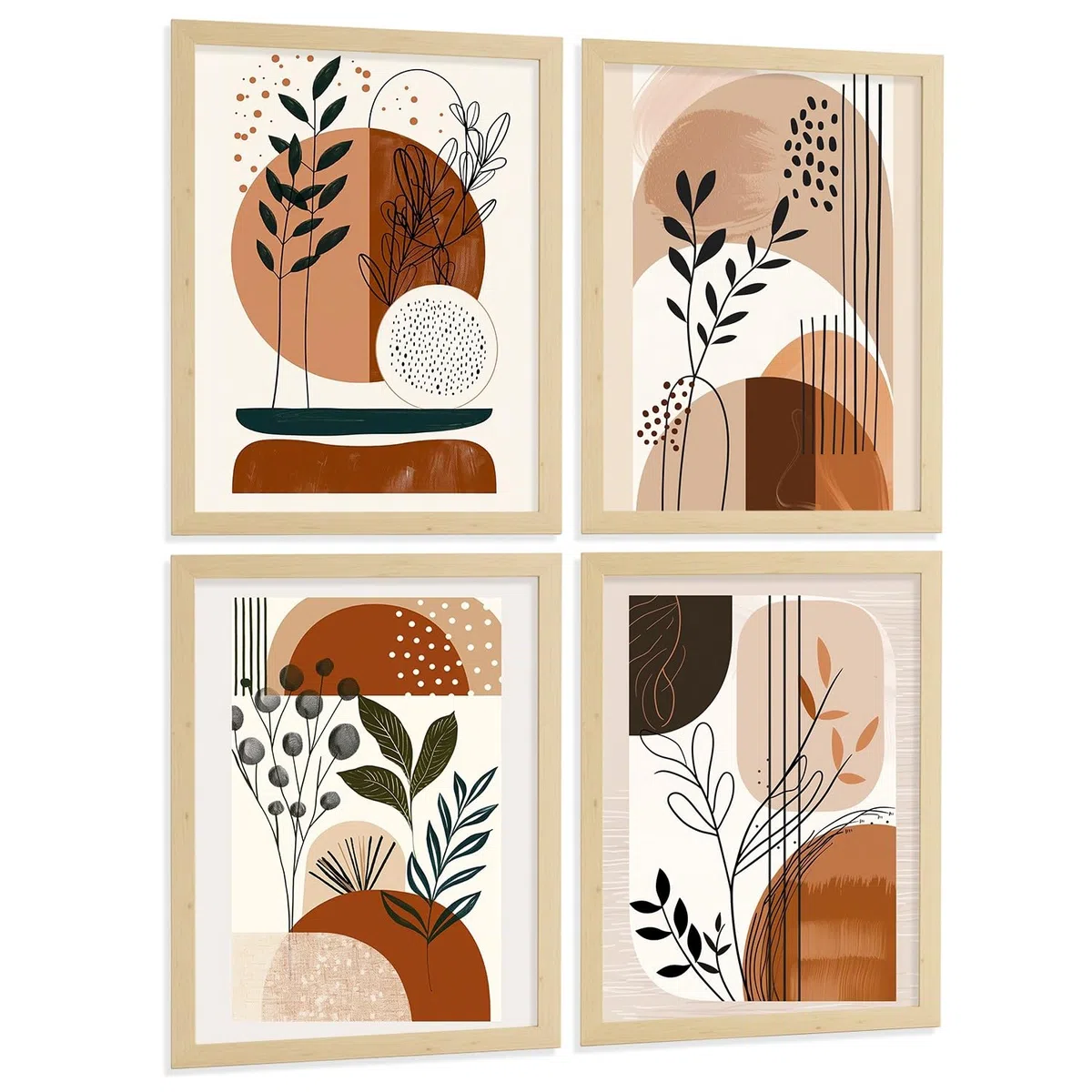 Nacnic Set De 4 Laminas Decorativas Formas Abstractas Botanicas Cuadros Salon Modernos - Posters Decorativos Plantas Marrones Decoración Dormitorios Cocina Baño A3 Marco Madera Clara