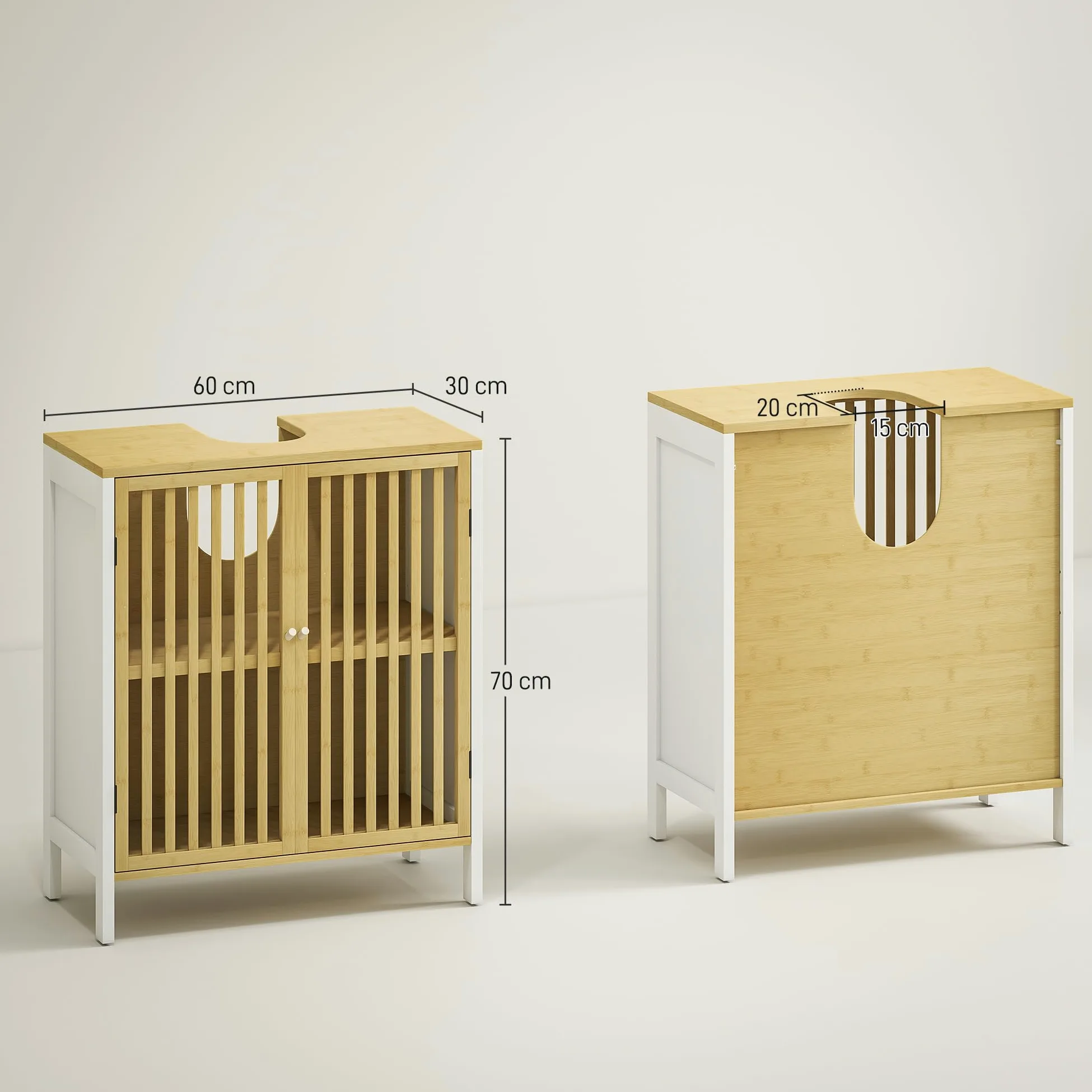 HOMCOM Mueble para Debajo del Lavabo Armario de Almacenamiento Bajo Lavabo de Bambú con Estante Ajustable y Puerta Doble Carga 30 kg 60x30x70 cm Blanco y Natural