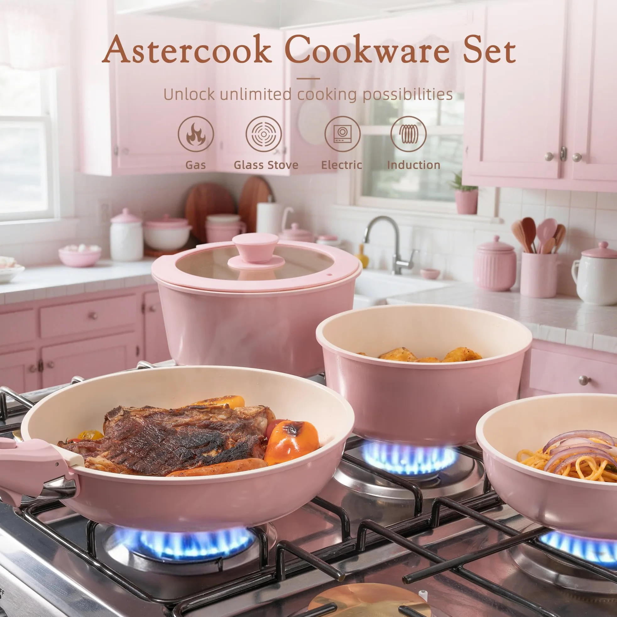 Astercook Juego de 21 ollas y sartenes de cerámica antiadherentes, asas desmontables, juego de cocina de caravana, apto para horno, listo para inducción, apilable, rosa