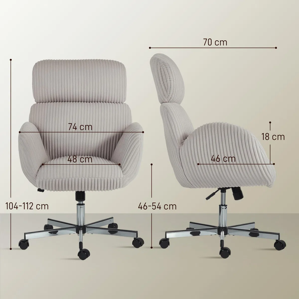 HOMCOM Silla de Oficina Piernas Cruzadas Reposabrazos Respaldo Alto Gris | Silla de Escritorio, Reposacabezas Regulable, Ruedas, Altura Ajustable, Giratoria, Función Basculante, Tapizada en Pana