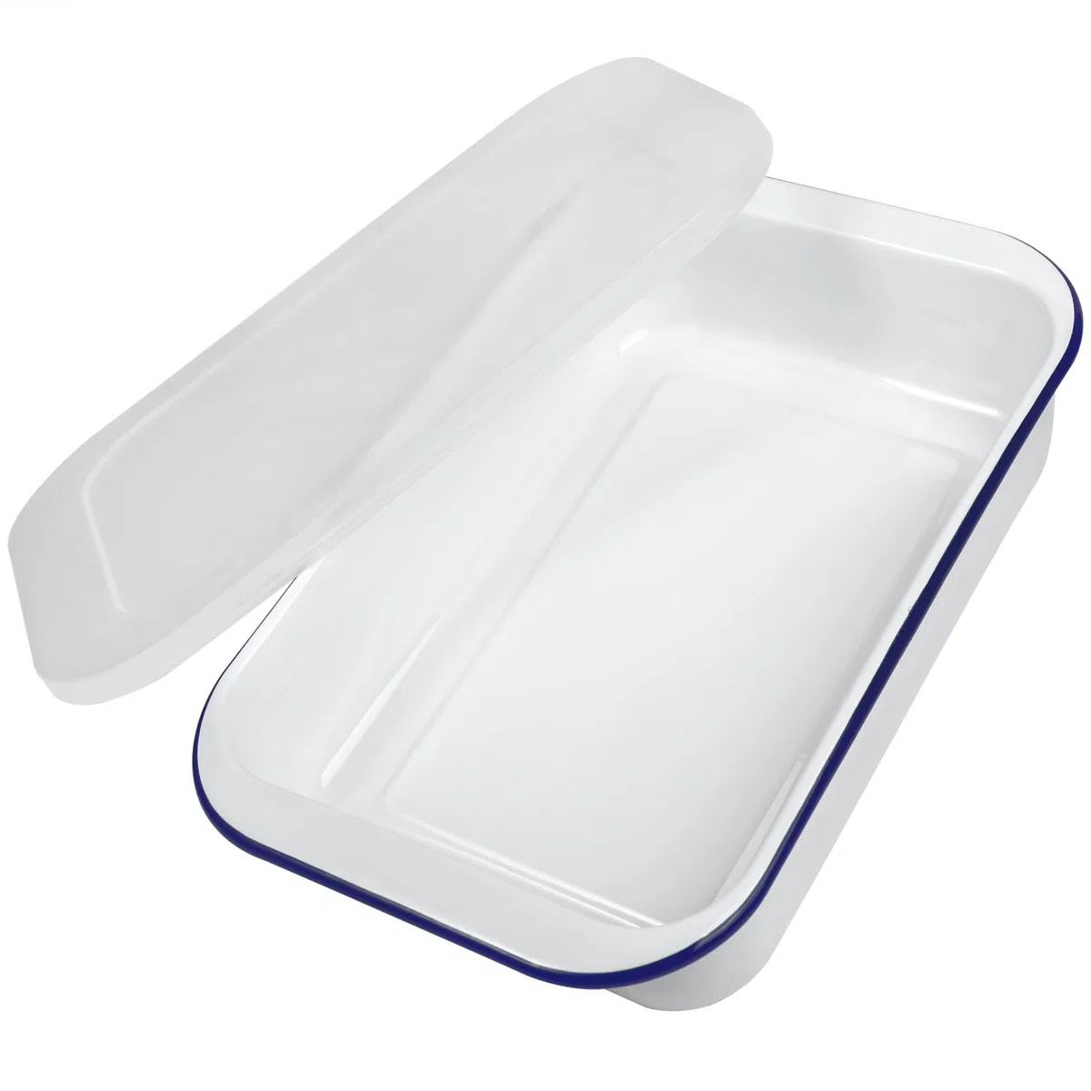 Webake Enamelware - Molde para horno (14 x 9 pulgadas, hierro fundido, esmaltado, bandeja para asar, bandeja para lasaña, recipientes para alimentos, color blanco sólido con borde azul)