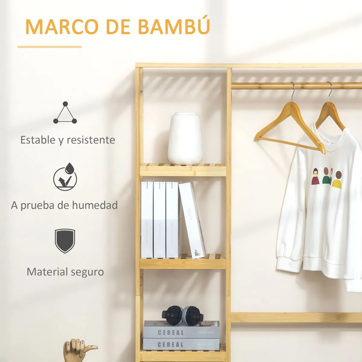HOMCOM Perchero Burro de Bambú de Pie con Estantería 90x30x155 cm Natural | 4 Niveles, Barra, Estante Inferior, Colgador Lateral, para Ropa Bolsas, Dormitorio