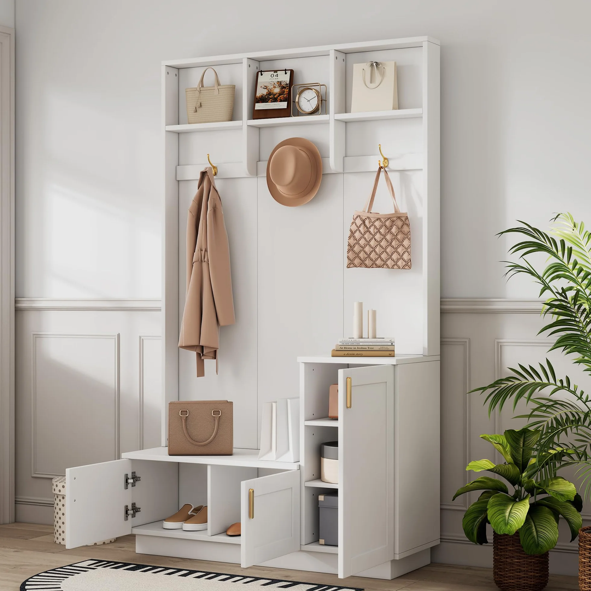 H200/B120/T40 cm con banco y zapatero, banco de almacenamiento multifuncional con 3 ganchos colgantes y espacio de almacenamiento abierto, almacenamiento rectangular y estantes para pasillo, color