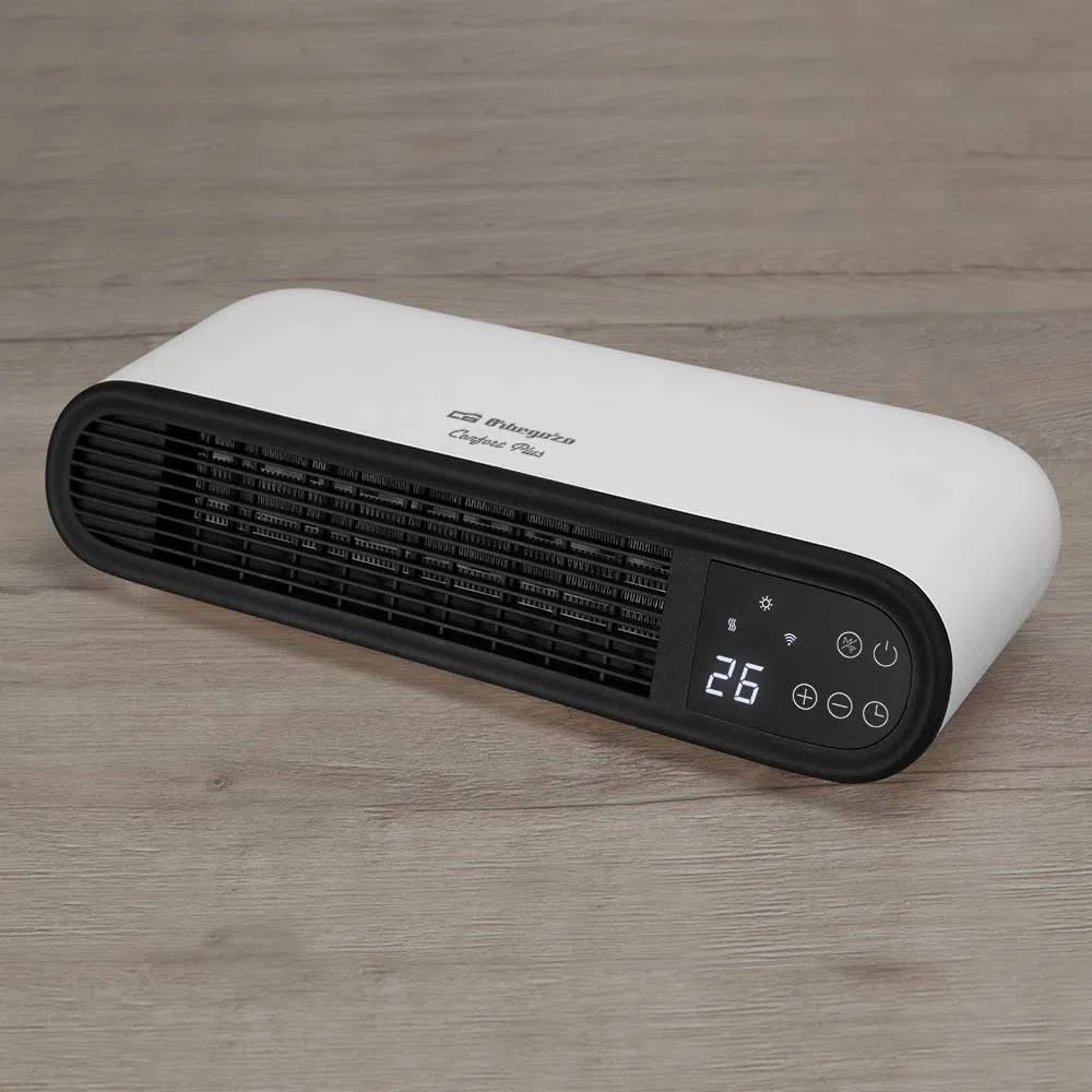 Calefactor cerámico de pared split WIFI. Conexión inalámbrica mediante APP. Especial para baño. Dos niveles calor: 1000-2000W. Termostato digital 10ºC a 35ºC. Mando a distancia