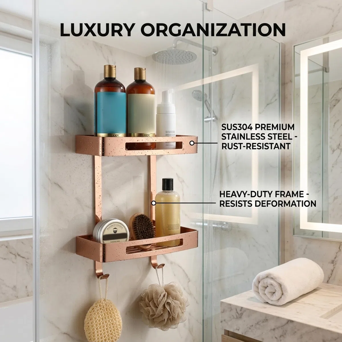 Estante de pared para baño, carrito de ducha de doble nivel, estante de esquina de baño adhesivo de acero inoxidable 304, organizador de pared sin taladro con ganchos, oro rosa, adhesivo, para