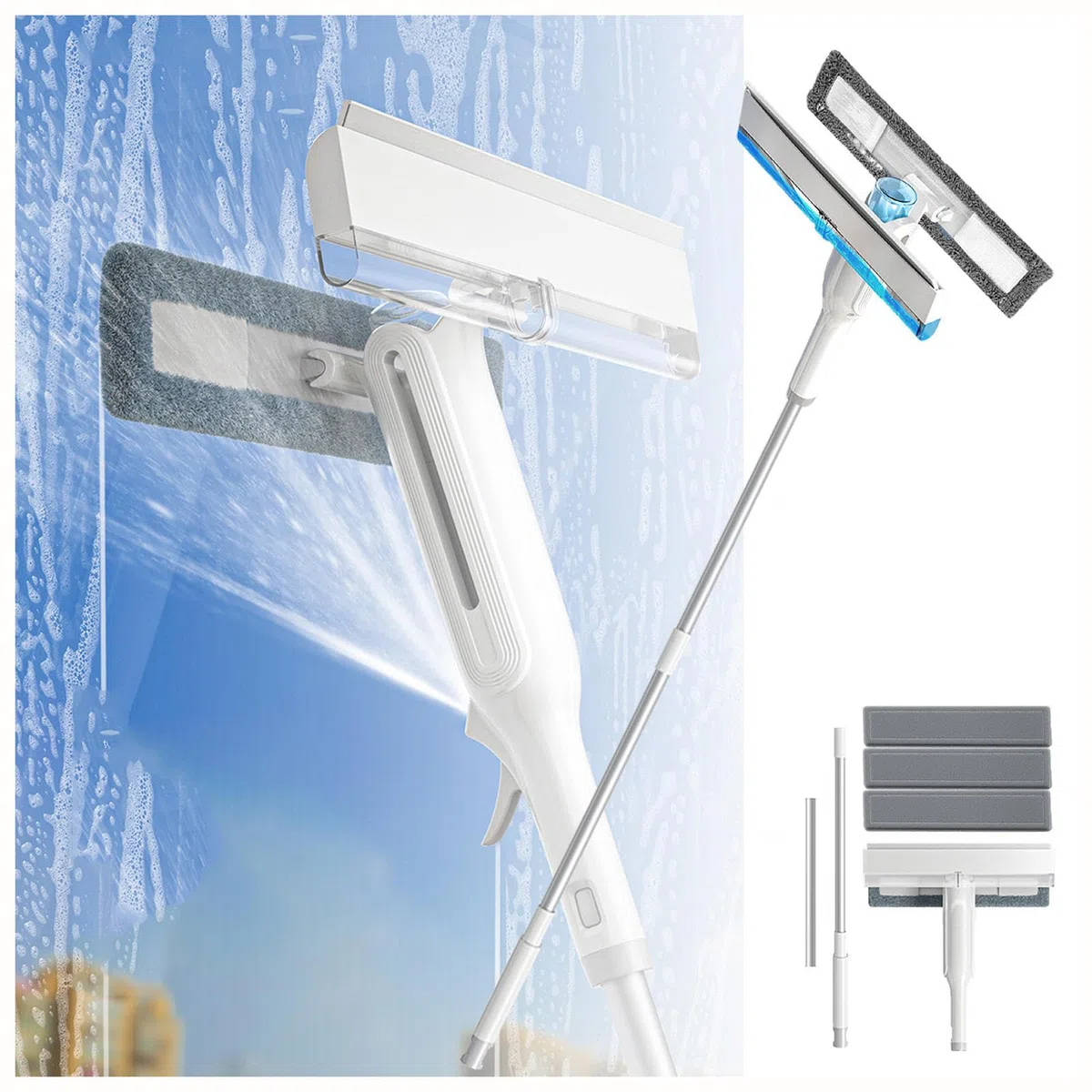 4 en 1 Spray Limpiador De Cristales con Colector De Aguas Residuales Y 3 Paños Microfibra, Limpieza Cristales con Varilla De Extensión para Ventana De Coche De Ducha