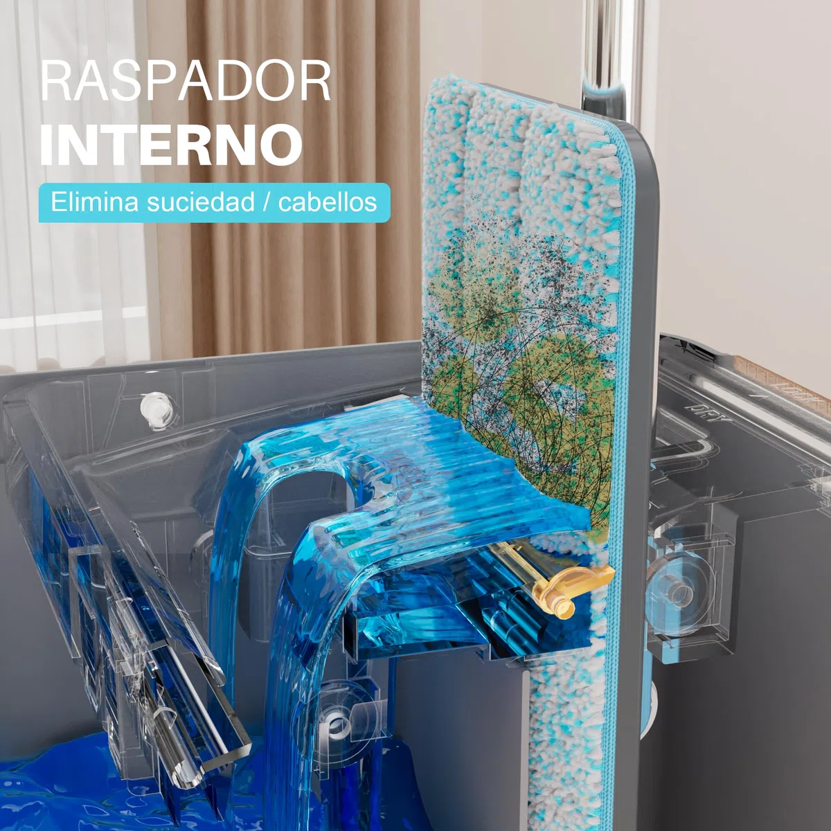 JOYMOOP Juego de fregona y Cubo con escurridor, fregonas para Limpieza de Suelos, Limpiador de fregona de Pared con Mango Largo, con 6 Almohadillas de Microfibra Reutilizables, Gris y Azul Cian