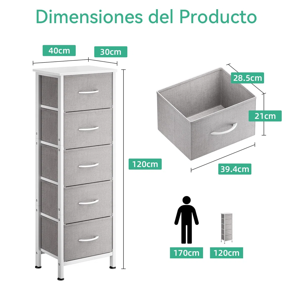 Coleshome Comoda Dormitorio, Comoda Estrecha y Alta con 5 Cajones de Tela, Estructura de Acero Resistente y Tablero de Madera, Ideal para Dormitorio y Salón, 40 x 30 x 120 cm, Gris Claro