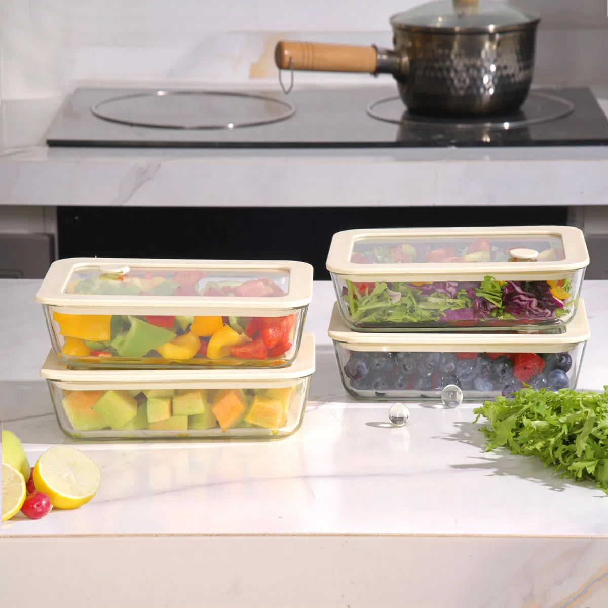Urban Green Juego de Contenedores y Envases de Vidrio para Alimentos con Tapa de Vidrio (Arena Blanca - 4P)