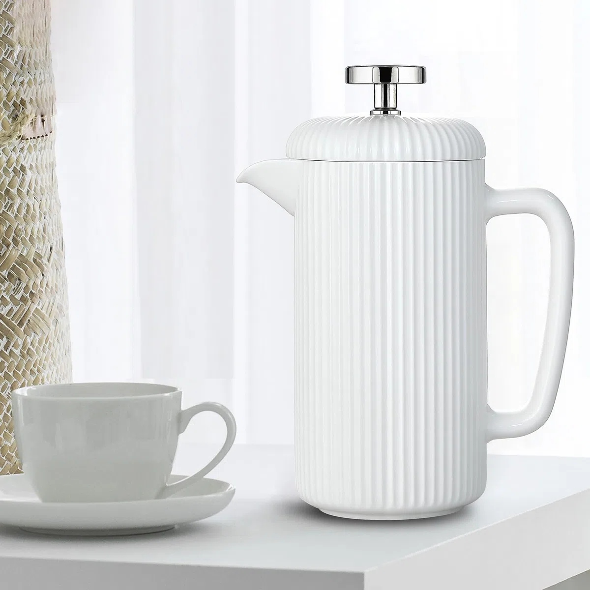 Easyworkz Cafetera de émbolo de porcelana de 1000 ml, con émbolo de acero inoxidable, color marfil
