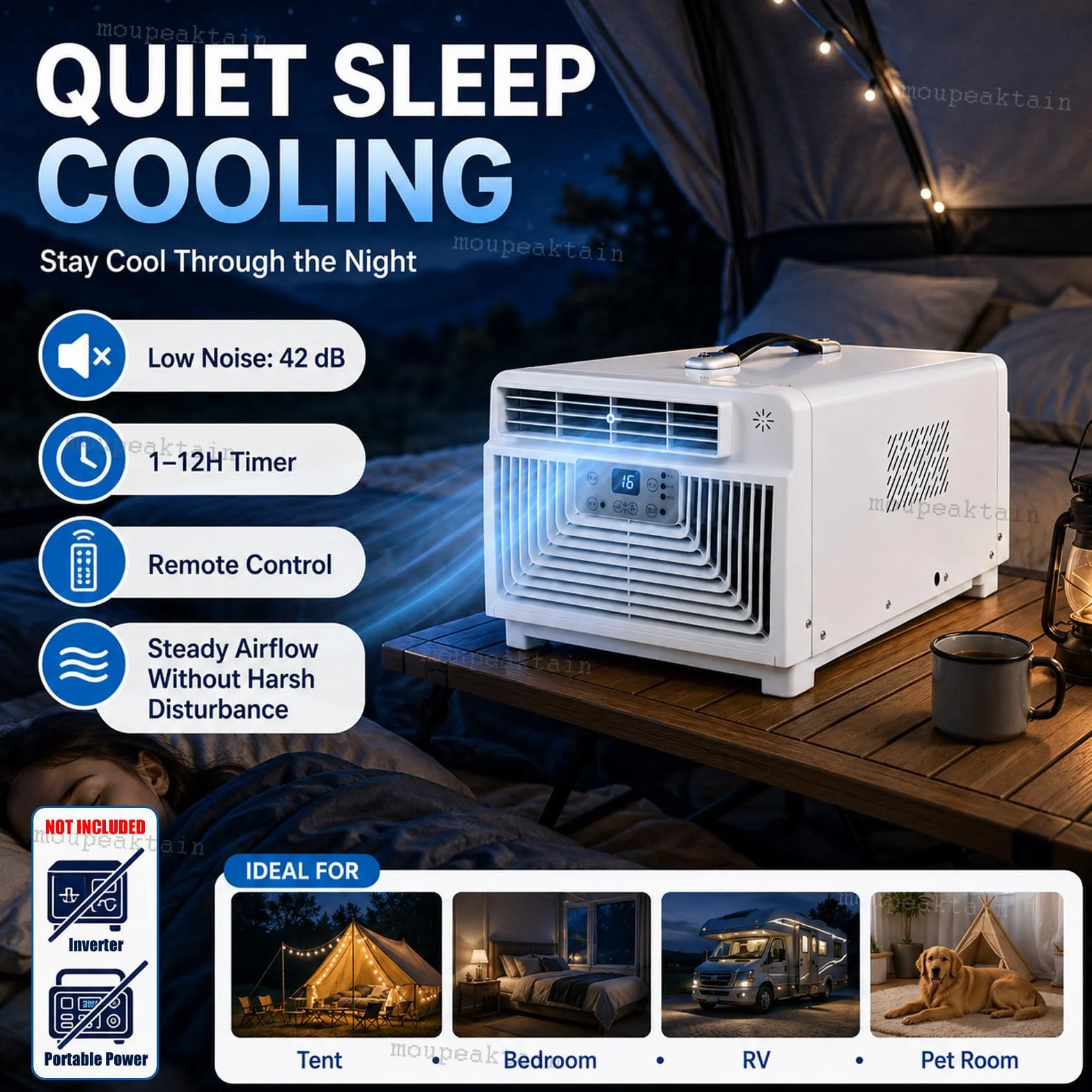Aire Acondicionado Portátil 220V, 3400 BTU para Camping, Tienda y Autocaravana, 3 en 1 con Frío, Deshumidificador, Ventilador, Mando a Distancia, Temporizador 12H y Tubo de Escape