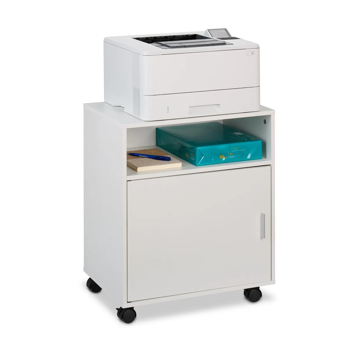 Relaxdays Mesa Impresora con 4 Cajones y Puerta, Cajonera Oficina con Ruedas, Mueble Despacho, 57 x 48 x 34 cm, Blanco