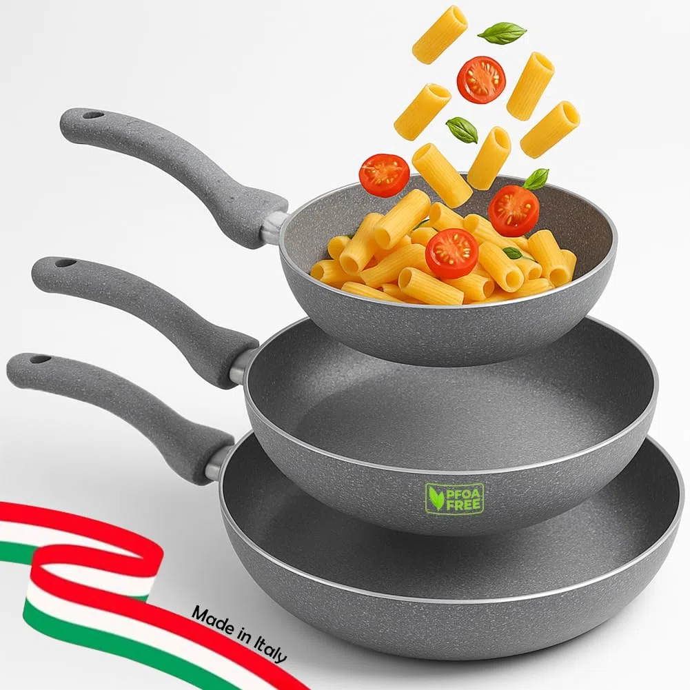 BAKAJI Juego de 3 sartenes Primolla de 20 – 24 – 28 cm de diámetro, revestimiento efecto piedra antiadherente Pfoa Free para cocción homogénea, mango térmico Cool Touch, ideal para hornillos de gas