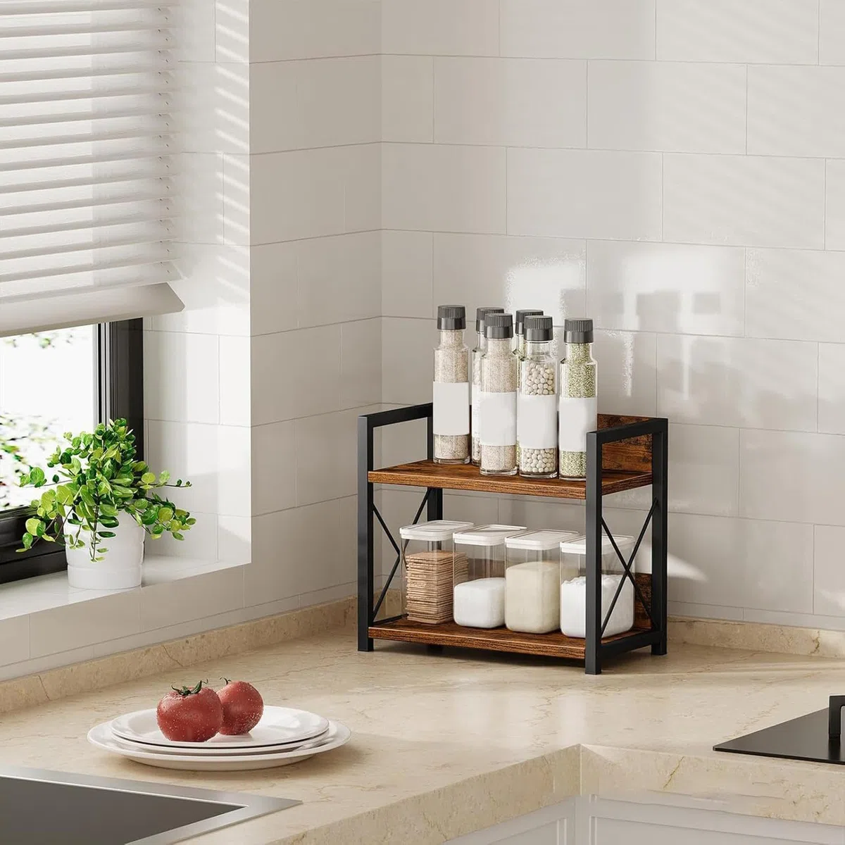 Estante de condimentos – Almacenamiento de 2 niveles de gran capacidad, estante de almacenamiento de condimentos resistente, para organización de esquina de despensa, hogar, baño, sala de estar