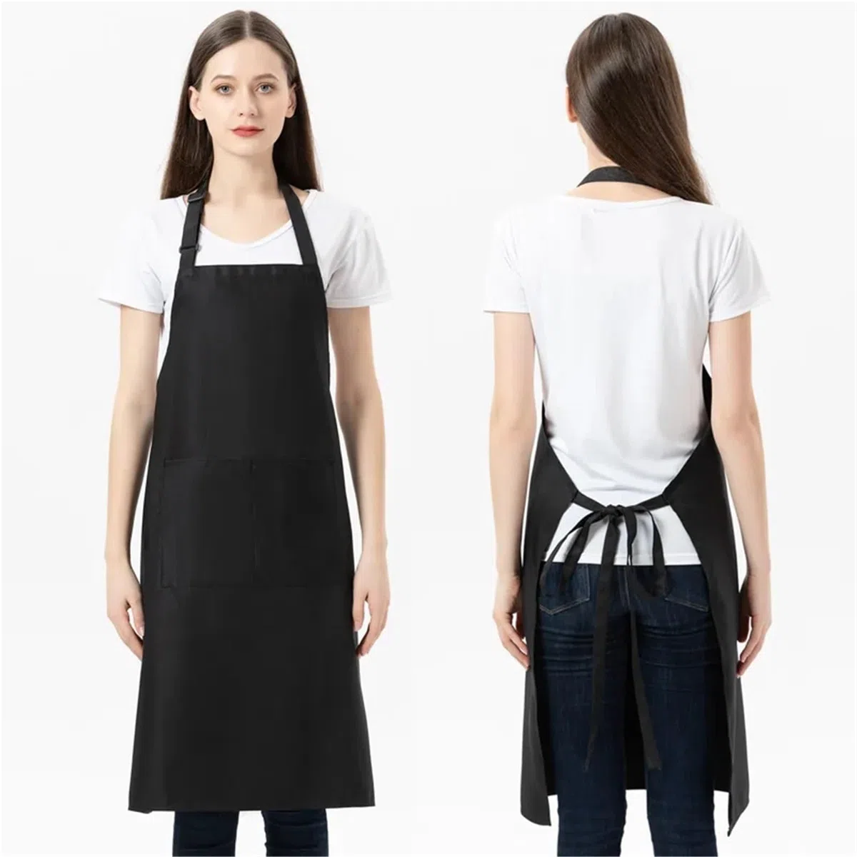 Delantal De Cocina Delantal con pechera ajustable, 2 uds., con bolsillos, delantales de cocina for mujeres y hombres, delantal de Chef con cuello Halter, delantal Simple, herramienta de cocina(Black)
