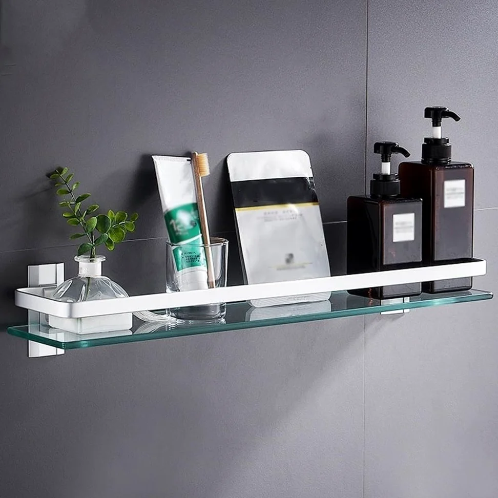 LUUYYI Estante de baño de cristal, estante de ducha de vidrio de 15.7 pulgadas con riel de aluminio, estante de ducha flotante sin taladrar, moderno estante de baño montado en la pared, estantes