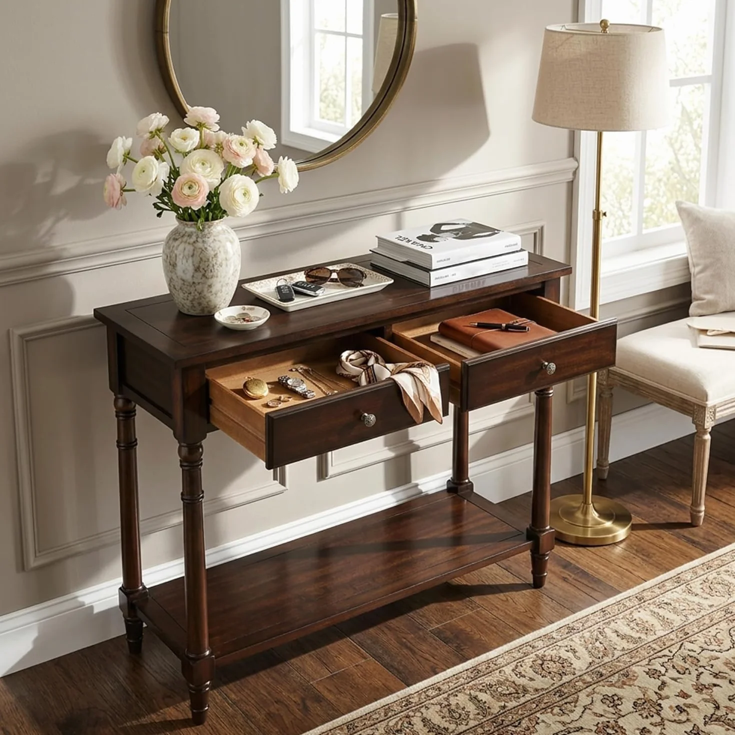 PADMA HOUSE - Mueble de madera maciza con 2 cajones, mesa consola con estante de consola de entrada de pasillo estrecho para 2 niveles, mesa de entrada a salón (marrón)