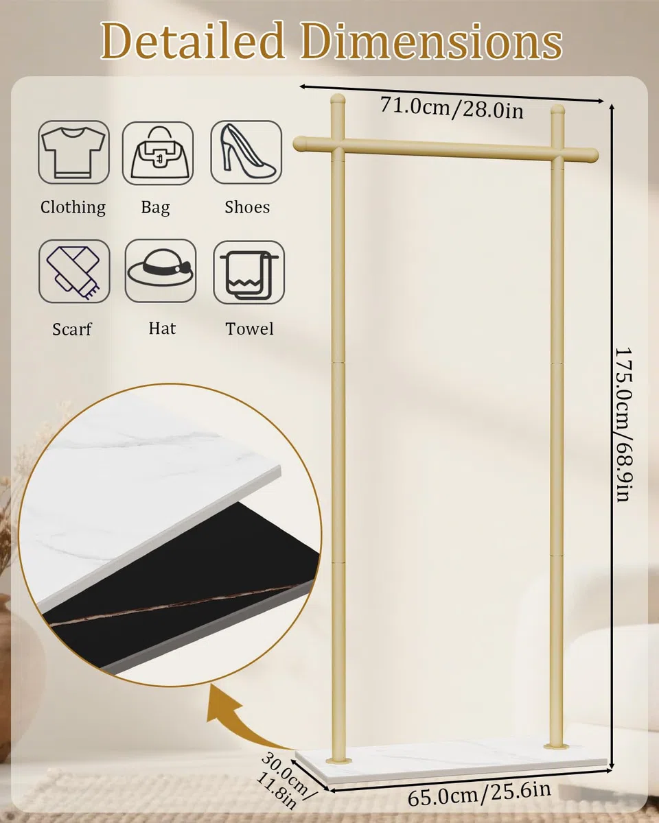 Perchero de Pie, Perchas Independientes Moderno con Placa Inferior de Roca Gruesa, Colgador de Ropa para Colgar Abrigos, Sombreros y Bolsos, para Oficina, Dormitorio, 175cm, Dorado, Grande