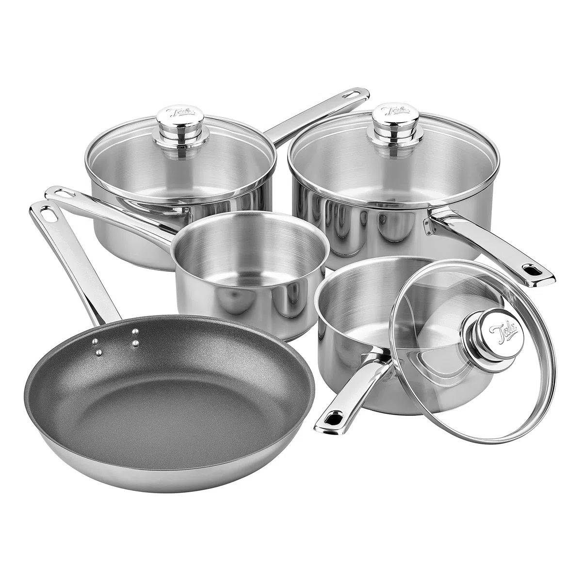 Tala Performance - Juego de utensilios de cocina de acero inoxidable de 5 piezas que contienen cacerolas con tapas de vidrio, 16, 18 y 20 cm, sartén de leche de 14 cm, sartén antiadherente de 24 cm