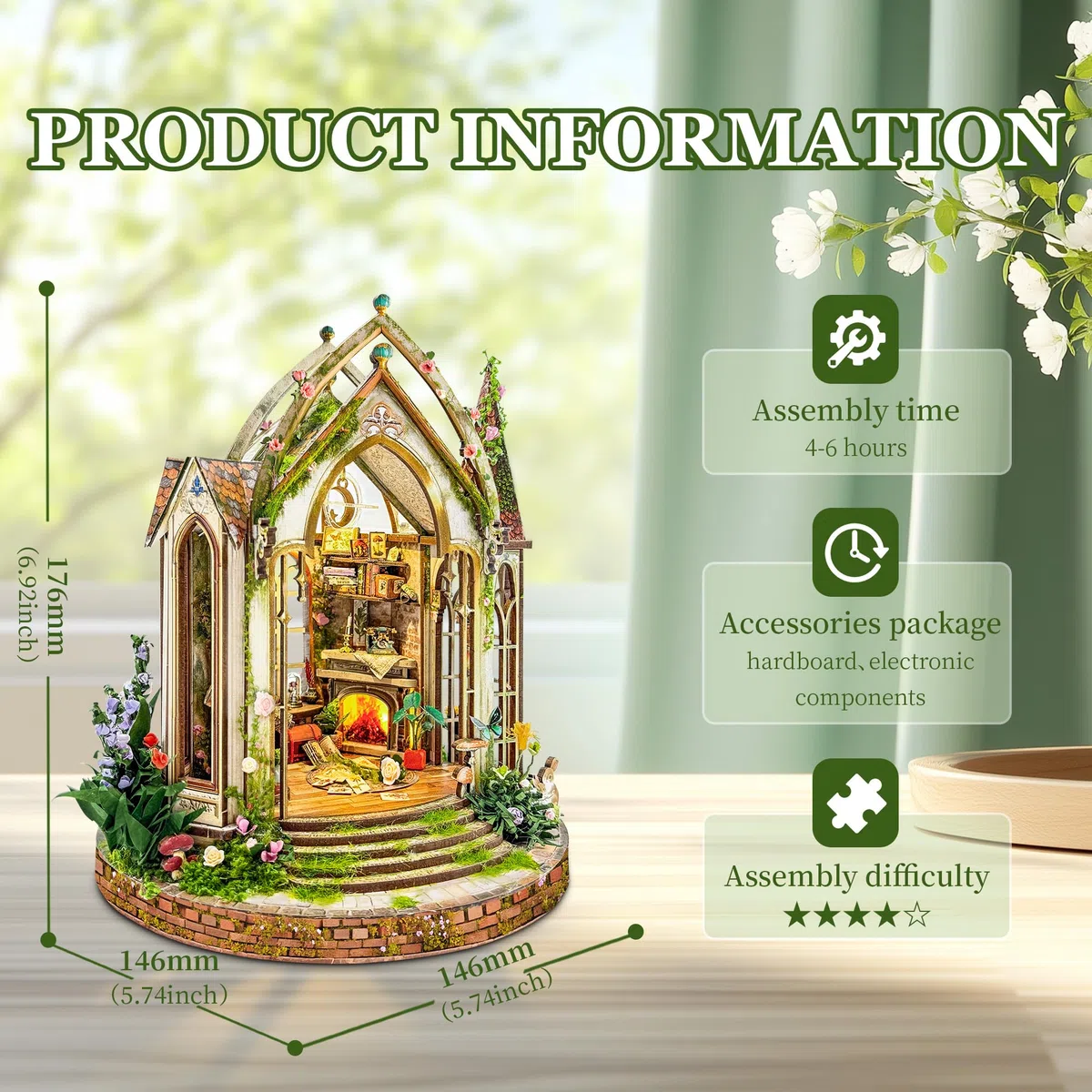 Dreamland Floral Studio - Rincón de libros de bricolaje, kit de casa gótica en miniatura con luces LED, juego de construcción de sujetalibros decorativo para decoración de estanterías, regalo único de