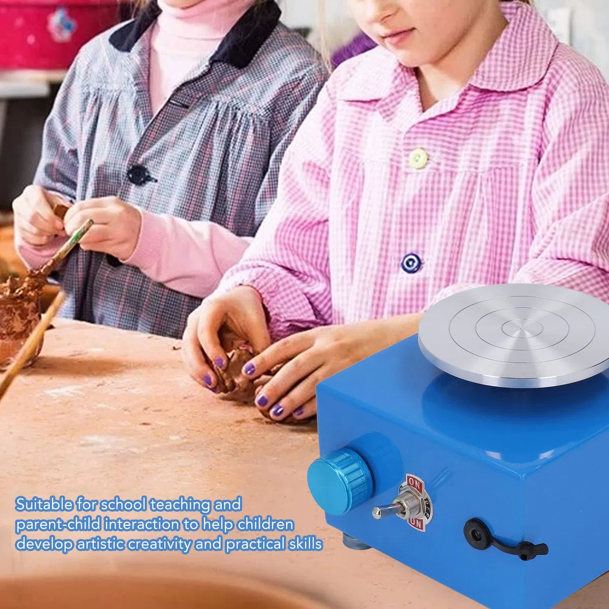 Mini torno de alfarería, pequeña máquina eléctrica para modelar cerámica, kit de torno de cerámica para la enseñanza escolar, bar de alfarería, bricolaje casero, azul