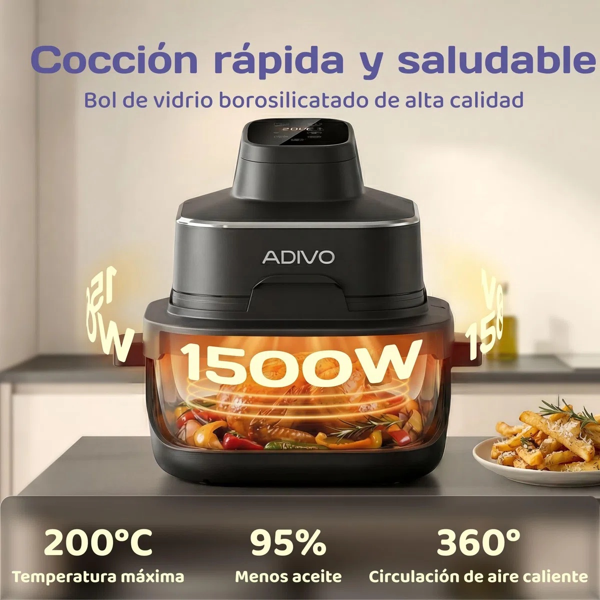 ADIVO Freidora de Aire Vidrio 4L/1.5L,1500W,Tazón de Vidrio Visual,Doble Capacidad,4 Modos, Sin Aceite ni Recubrimiento,Apta para Lavavajillas,Portátil para Camping/Oficina,Cocina Sana y Rápida