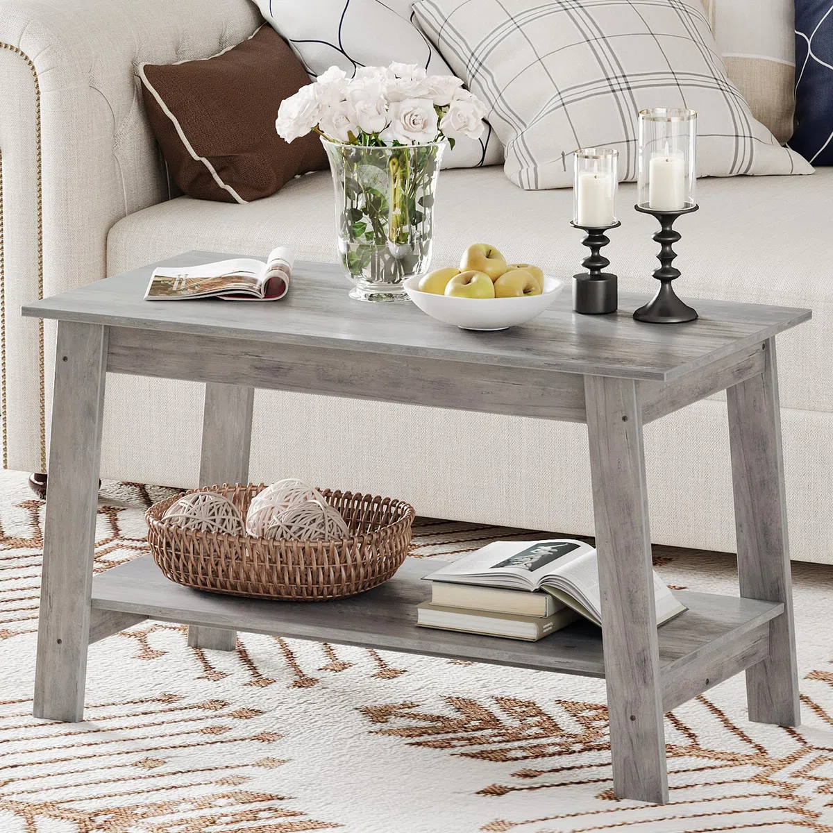 GarveeHome Mesa de Centro con Estante Abierto, Mesa de Centro Madera de 2 Niveles Estilo Farmhouse, Mesita de Salón Rectangular y Mesita de Sofá Compacta (80 x 39 x 48 cm), Gris