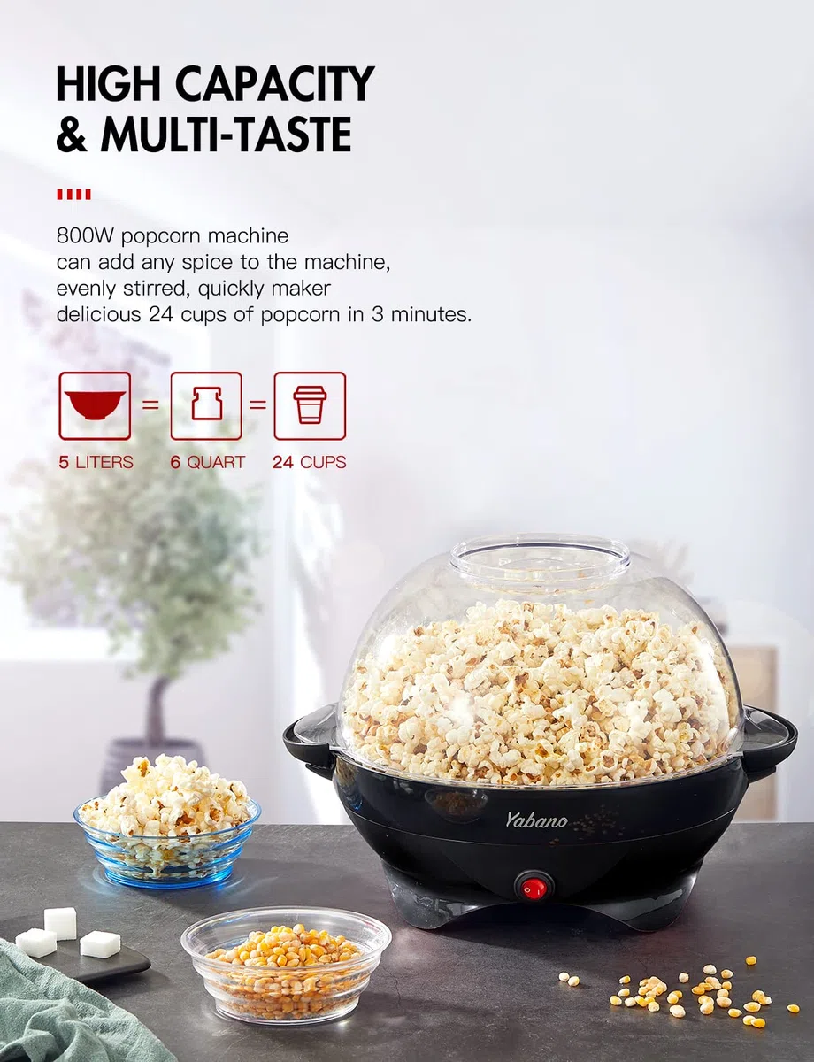 Yabano Máquina de Palomitas, 800W, Superficie de Calentamiento Extraíble, Antiadherente, 5 Litros, Tapa Grande para Servir y Almacenamiento Cómodo,sin BPA, Negro