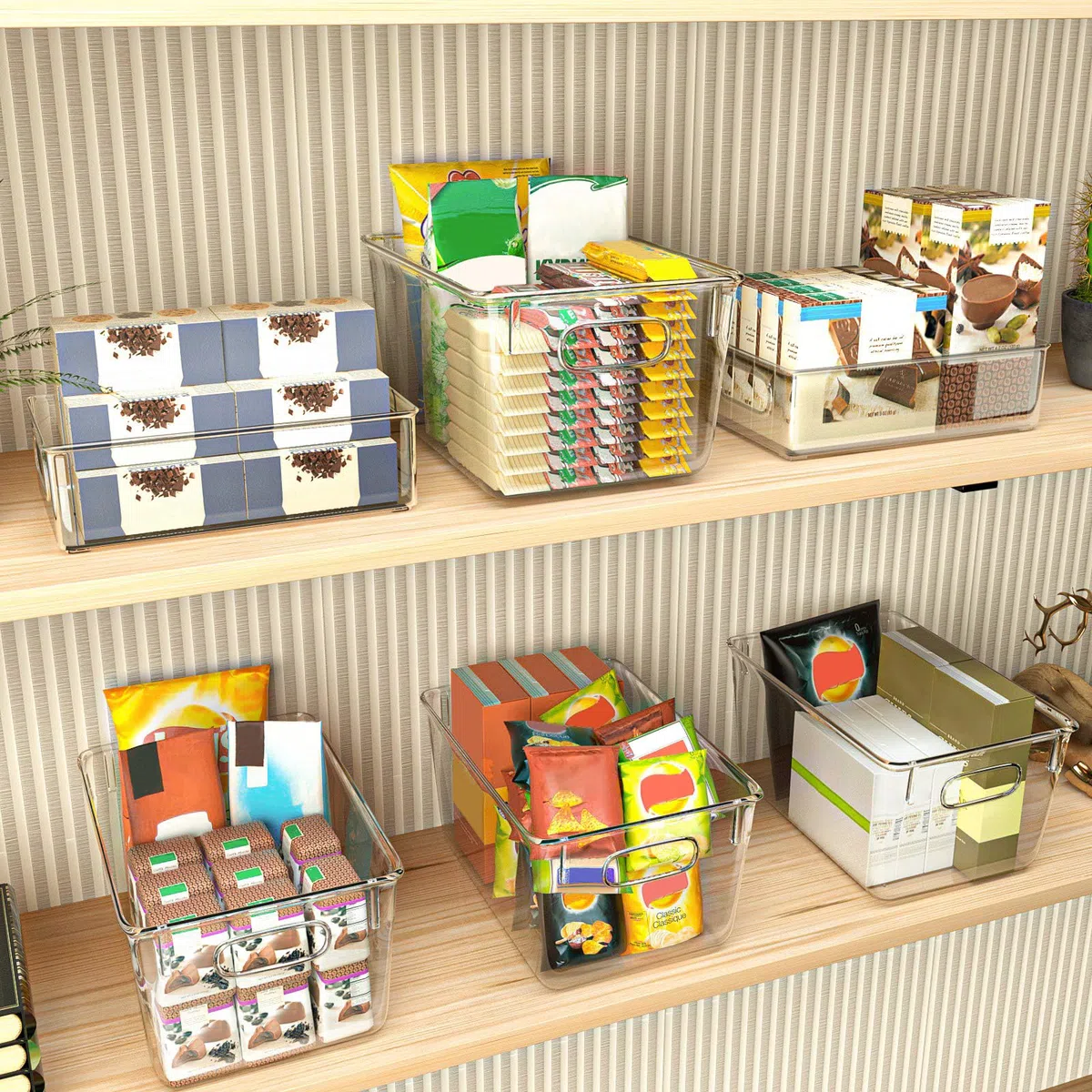 Finew Juego de 4 Cajas de Almacenaje de Refrigerador Apilables, Organizadores Transparentes Plásticos Apilables de Nevera, para Cocina Despensa Gabinete Baño Armario Cajón - 2 Grandes / 2 Medianos