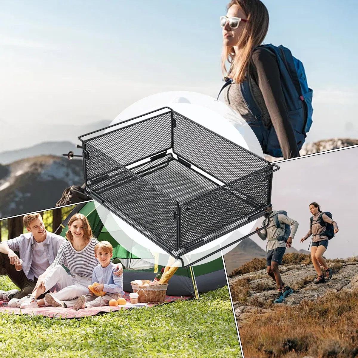 Cesta de Alambre Negra Almacenamiento de Cestas de Alambre Plegables y | Suministros de Cocina y Camping