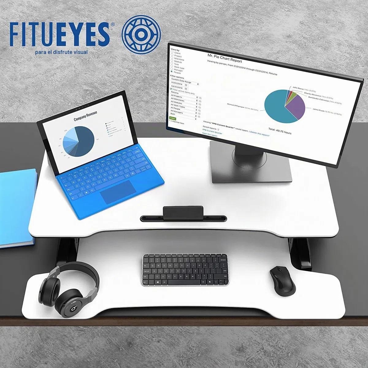 FITUEYES Standing Desk Converter Grande 36''/91.5cm Convertidor de Escritorio de Pie para Doble Monitor Altura Ajustable con Bandeja de Teclado Profunda y Soporte para Teléfono (Blanco)