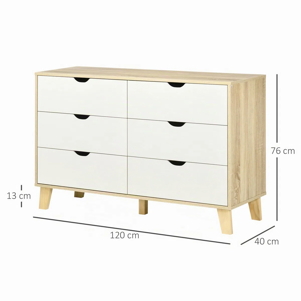 HOMCOM Cómoda con 6 Cajones Cajonera de Armario Mueble Organizador con Cajones para Cocina Dormitorio Salón Estudio Estilo Moderno Antivuelco 120x40x76 cm Natural y Blanco