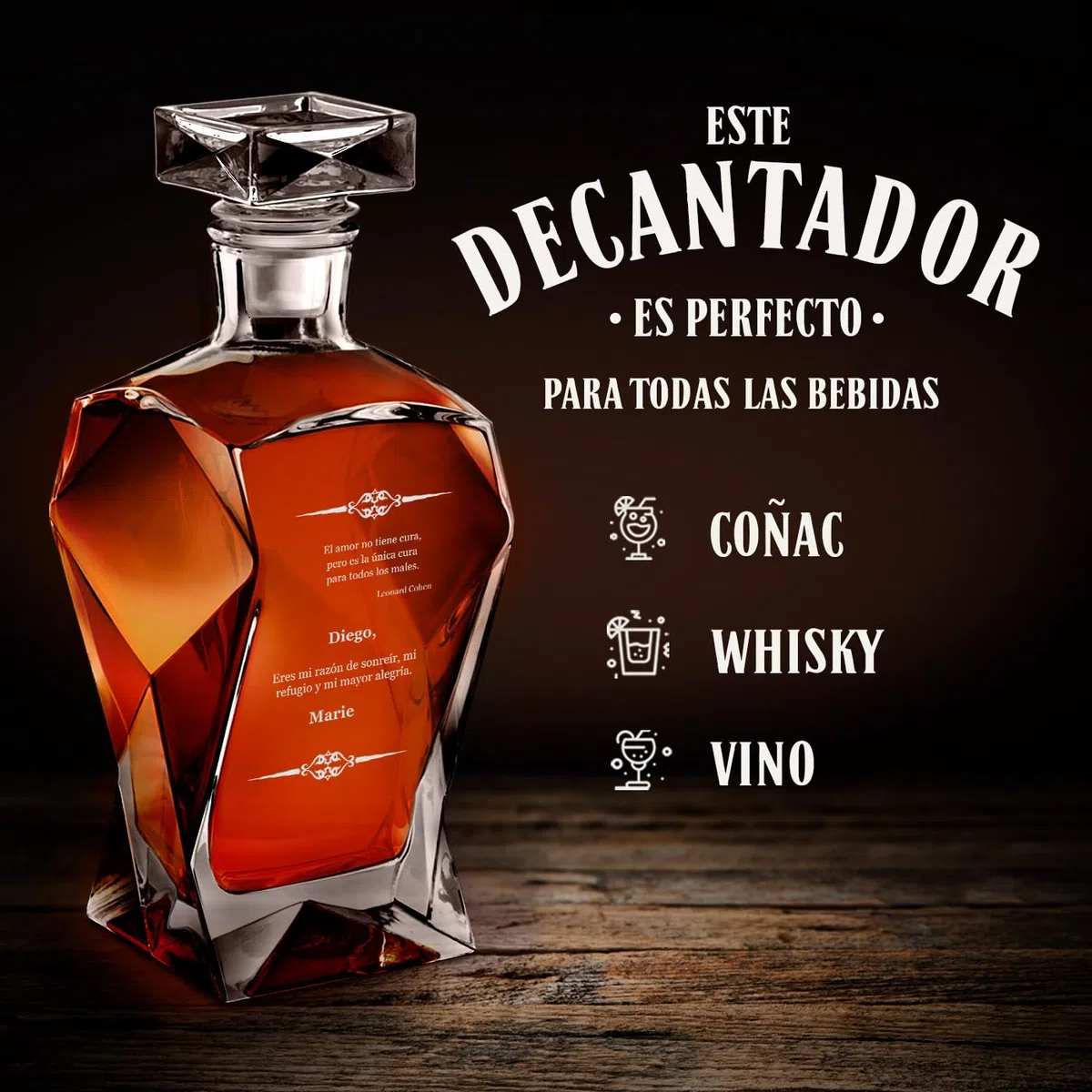 Maverton Decantador de Whisky 700 ml con 6 Vasos Personalizados 250 ml - Jarra de Cristal con Tapa - Regalos Originales para Hombre Regalo Dia del Padre Cumpleaños Amigo Marido Abuelo - Amor