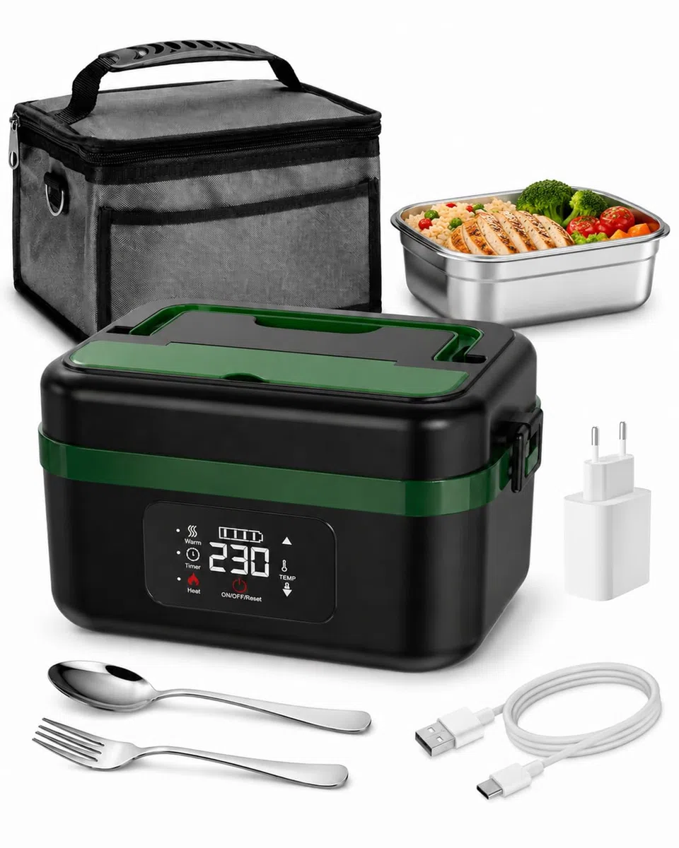 LANMOU Fiambrera Eléctrica Sin Cables 1L, Batería 16000mAh, Acero Inox 304 | Tupper Eléctrico Recargable Usb-C, 6 Temperaturas, Temporizador, Para Coche Camión Oficina Y Trabajo, 60w